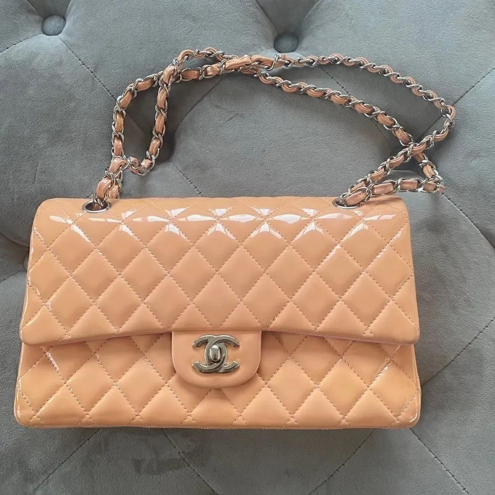 CHANEL Classic Medium Double Flap Bag peach patent